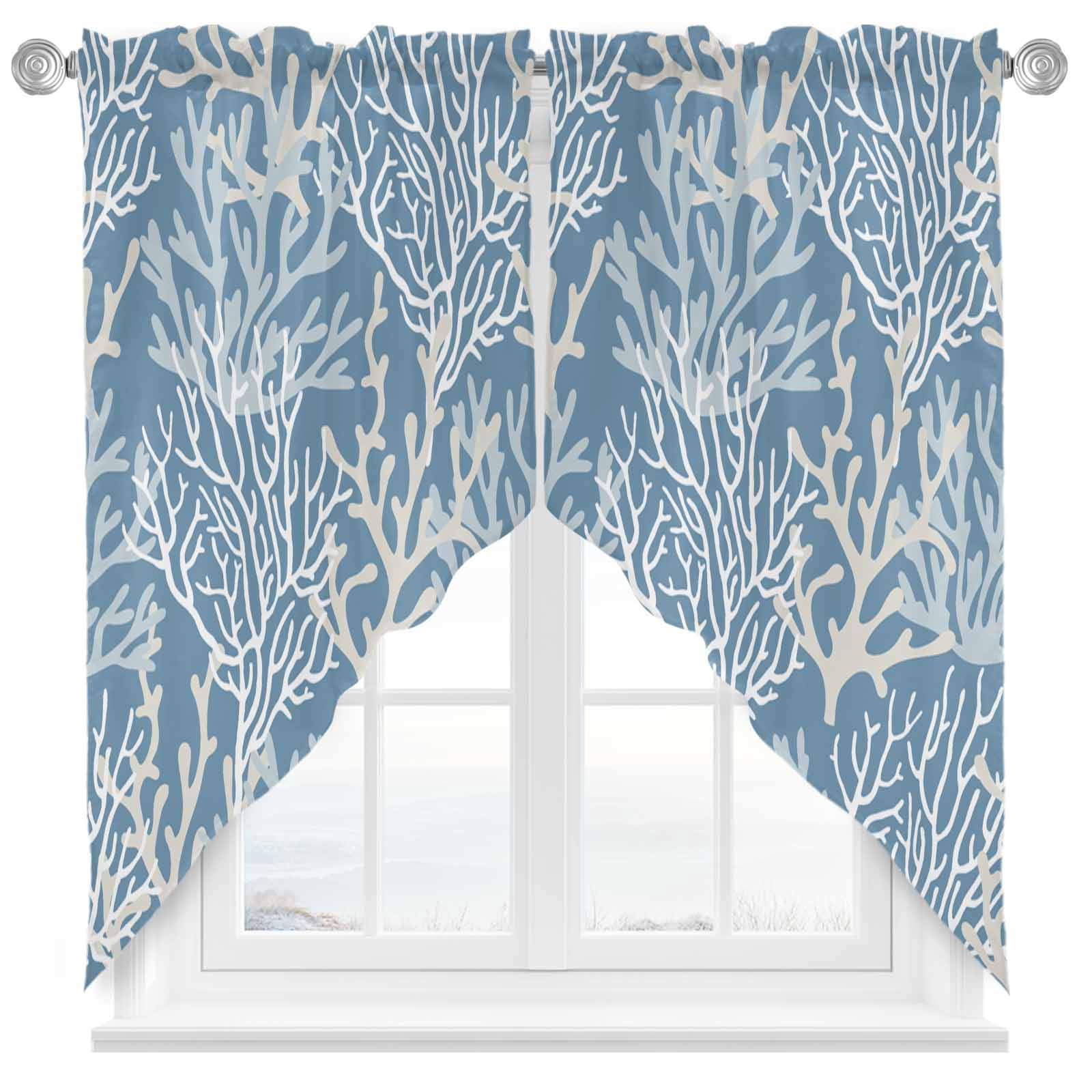 Blue Coral Coastal Swag Curtains Valance For Kitchen Windows, Ocean ...