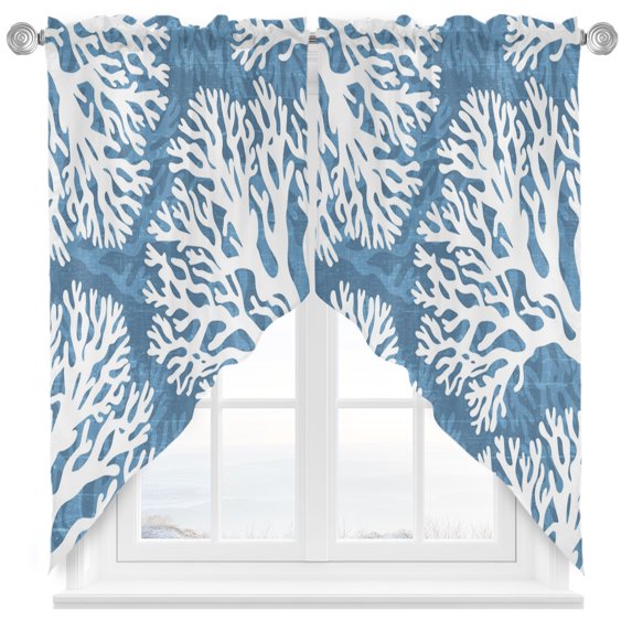 Blue Coral Coastal Swag Curtains Valance For Kitchen Windows, White Summer Beach Seaside Ocean Wide Rod Pocket Curtain Drapes, Bathroom Cafe Living Room Light Filtering Drapery Panels, 72"W x 63"H