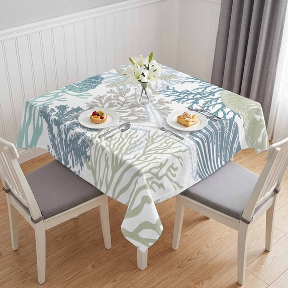 Blue Coral Coastal Table Cloth Waterproof Tablecloths, Summer Beach Ocean Starfish Conch Tablecloth Dining Table Cover for Kitchen Party Tabletop Outdoor, Square Tablecloth 54x54 Inch