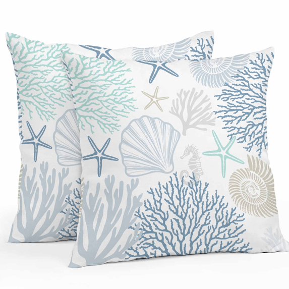 Blue Coral Coastal Throw Pillow Covers 18x18 Inch Set of 2, Summer Beach Shell Conch Ocean Waterproof Outdoor Pillow Covers, Decorative Cushion Pillowcases for Couch, Sofa, Bed, Garden, Patio