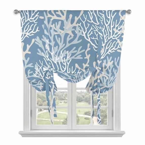 Blue Coral Coastal Tie Up Curtains for Kitchen Windows,Adjustable Rod ...