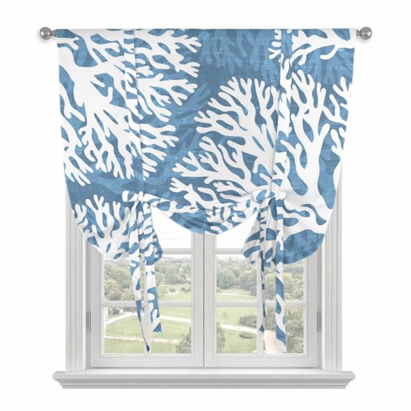Blue Coral Coastal Tie Up Curtains for Small Windows,Adjustable Rod Pocket Valance 45 Inch Short, White Summer Beach Seaside Ocean Window Treatment Balloon Roman Blind Shade, 34" x 45"