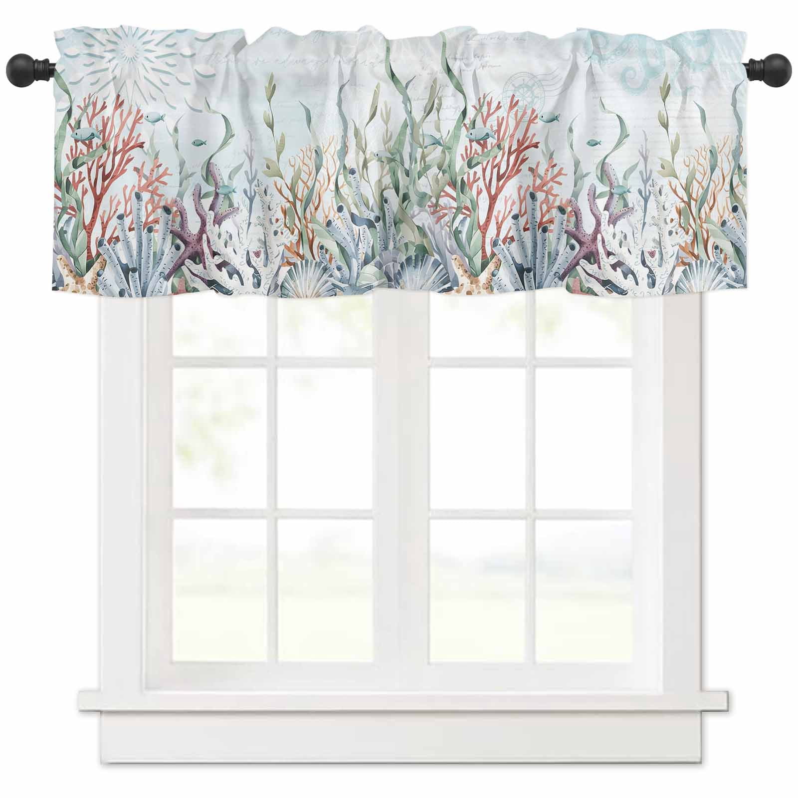 Blue Coral Coastal Valances for Windows Farmhouse Kitchen Curtains ...