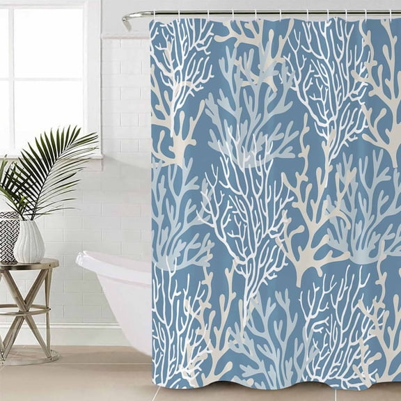 Blue Coral Coastal Waterproof Fabric Shower Curtain, Ocean Nautical Seaside Beach Shower Curtain for Bathroom Curtains Bathtubs Hotel Washable Shower Curtains with 12 Hooks Stall 48x72in