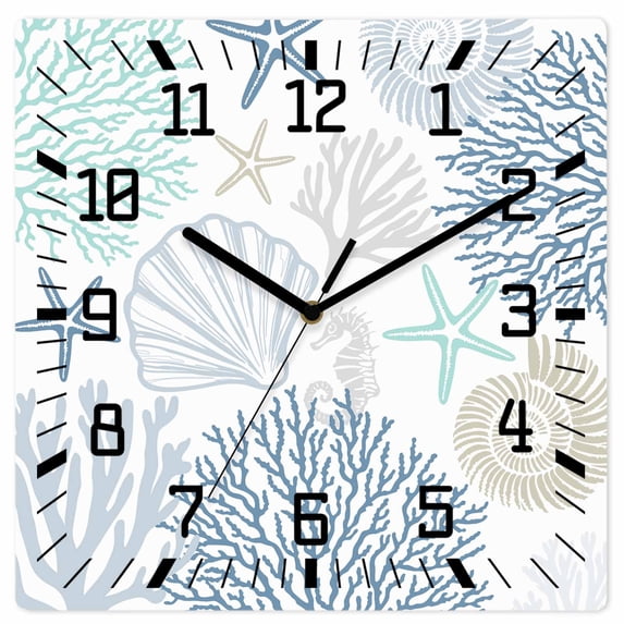 Blue Coral Coastal Wooden Wall Clock Silent Non Ticking, Summer Beach Shell Conch Ocean Square Wall Clocks Battery Operated, Decor Clock for Home Office, Living Room, Kitchen, 12 Inch