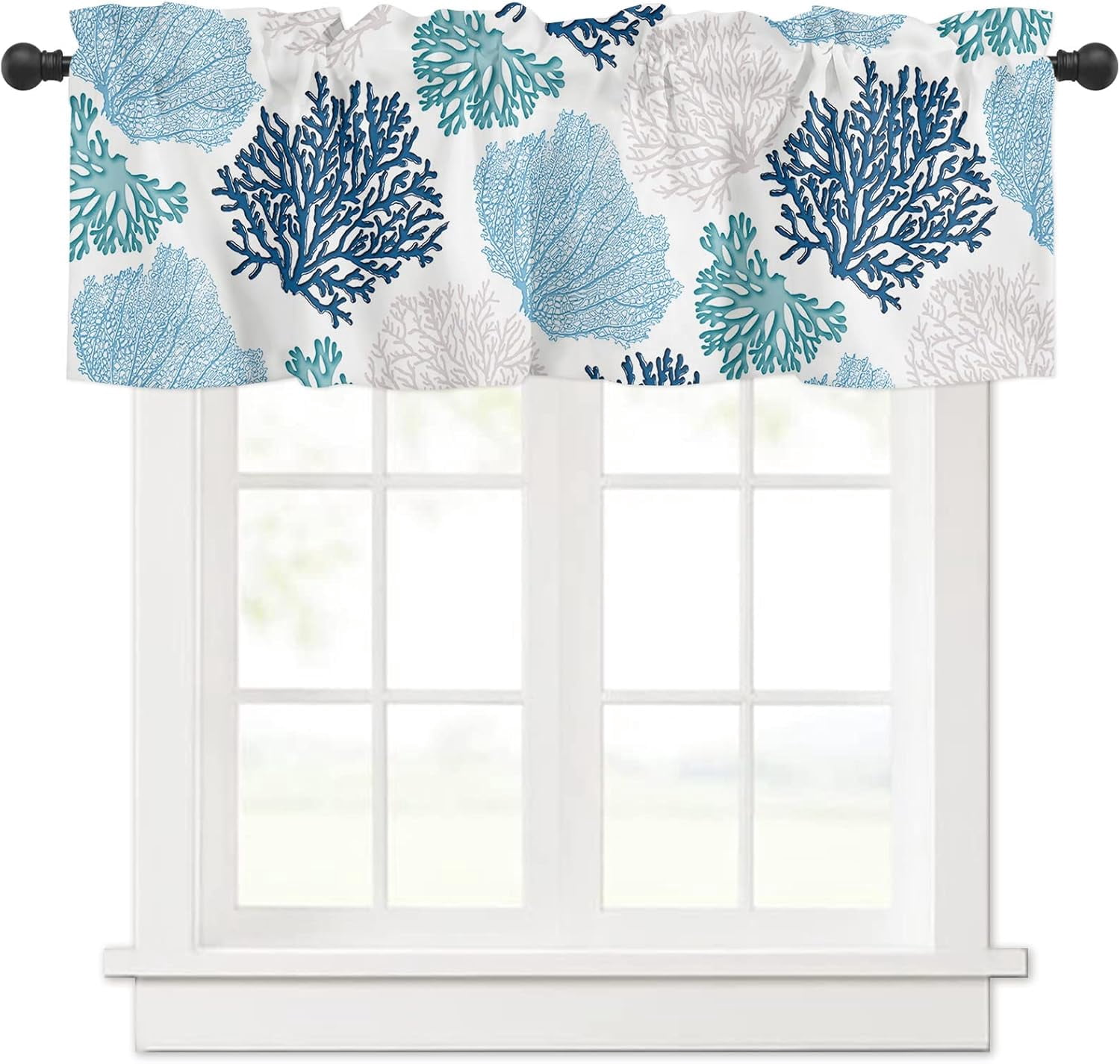 Blue Coral Farmhouse Short Window Curtain Valances, Summer Beach Teal ...