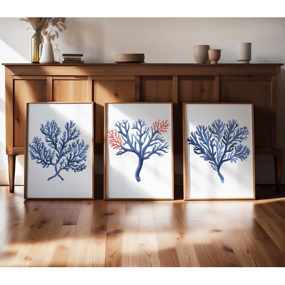 Blue Coral Print Set Coastal Hamptons Style Wall Art Set 3
