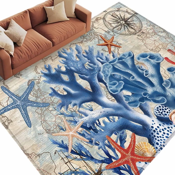 Blue Coral Rectangle Area Rug 5x7 ft Summer Coastal Starfish Vintage Map Washable Rugs for Living Room, Non Slip Soft Carpet for Bedroom Entryway Dining Room