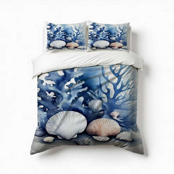 Blue Coral Seashell Print Bedding Set 3 Pcs Soft Microfiber Quilt Cover For Bedroom Decor, Comforter Cover With 2 Pillowcase