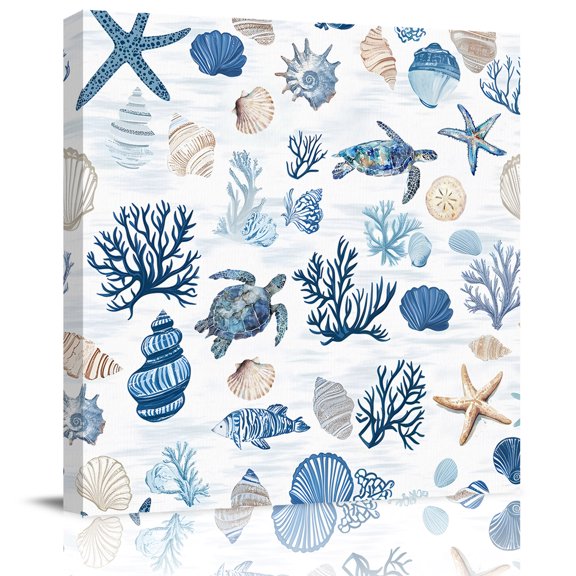 Blue Coral Shell Sea Turtle Seamless Canvas Artwork Painting Art, Conch Marine Life Square Framed Wall Decorations Prints Picture for Bedroom Kitchen Living Room, 12x12 in