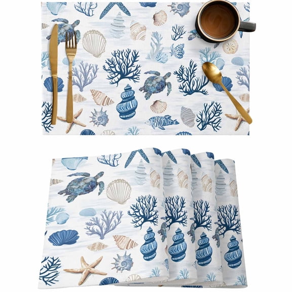Blue Coral Shell Sea Turtle Seamless Placemats Set of 4,Wipeable Washable Table Mats for Dining Tables,Conch Marine Life Place Mats for Kitchen Event Party Tabletop Decor