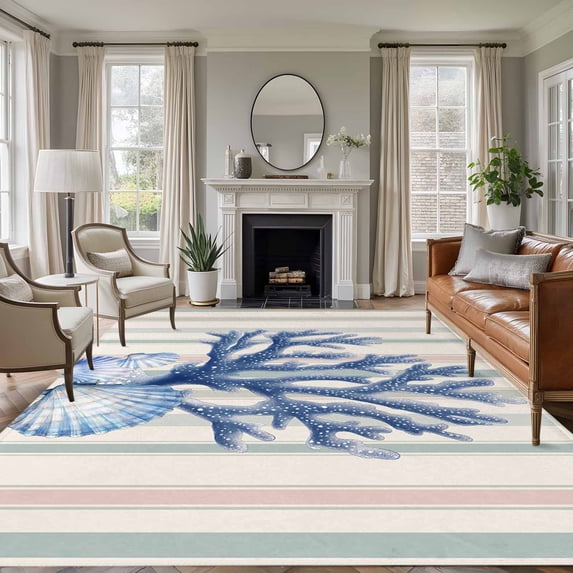 Blue Coral Shell Washable Living Room Rugs 5'x8', Watercolor Stripes Low Pile Throw Large Area Rug Non-Slip Sturdy Edge Binding Carpet for Living Room Kitchen Office