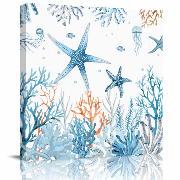 Blue Coral Starfish Jellyfish on White Canvas Artwork Painting Art, Ocean Marine Life Square Framed Wall Decorations Prints Picture for Bedroom Kitchen Living Room, 12x12 in