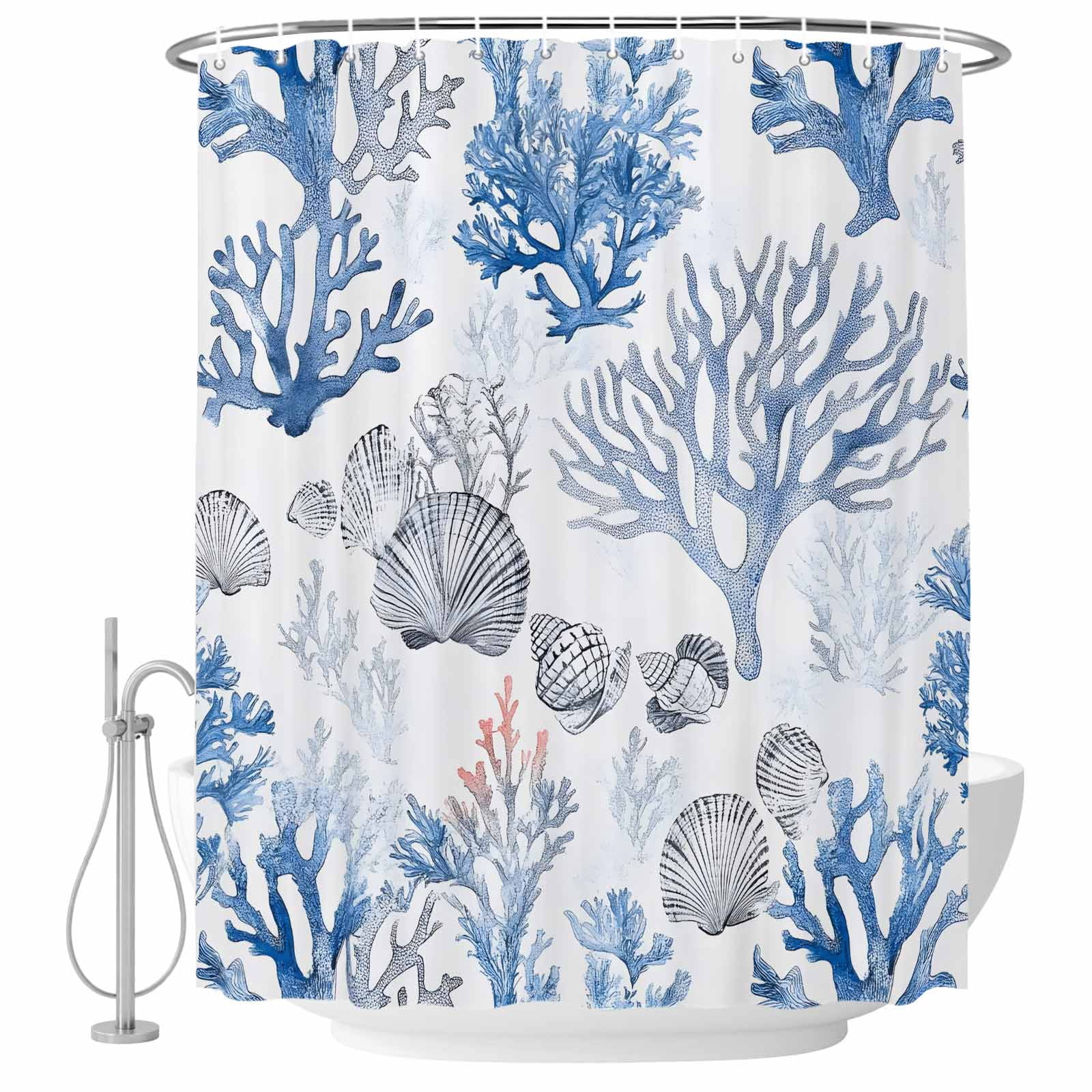 Blue Coral Starfish Shell Fabric Shower Curtain Marine Plant Washable ...