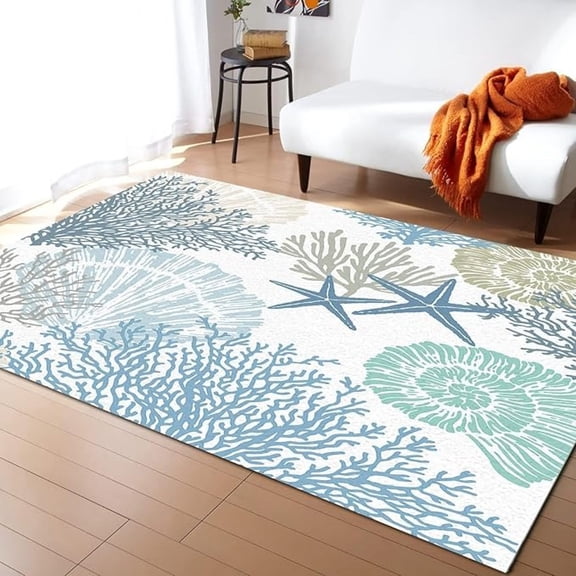 Blue Coral Starfish Shell Ocean Theme Area Rug, Summer Coastal Marine Life Indoor Kids Rugs, Non-Slip Machine Washable Large Carpet For Living Dining Dorm Room Bedroom Decor 3x4ft