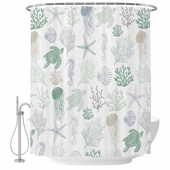 Blue Coral Turtles Starfish Jellyfish Shells Fabric Shower Curtain Sea Creature Washable Shower Curtains for Bathroom, Waterproof Bath Curtain with Hooks Home Decor 72x84in