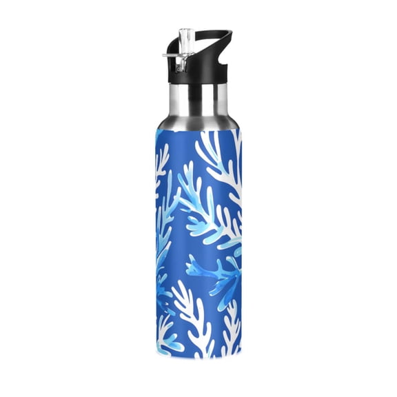 Blue Corals Sports Bottle with Straw Stainless Steel Water Jug Portable Thermal Cup Leak-proof 600ML