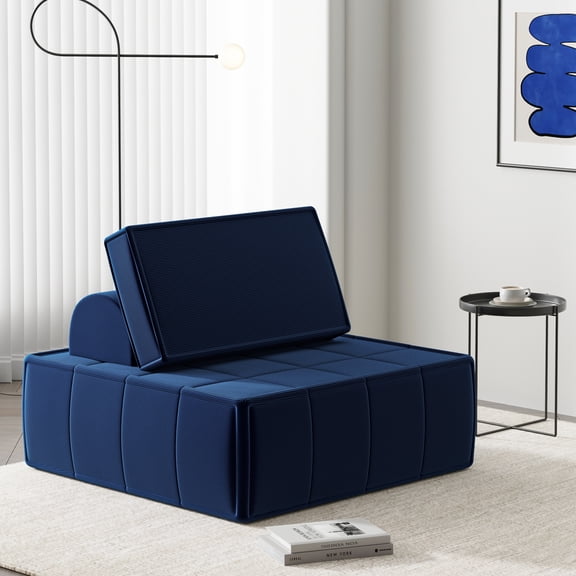 Blue Corduroy Modular Floor Sofa Chair, Soft Ribbed Fabric Futon with Adjustable Backrest