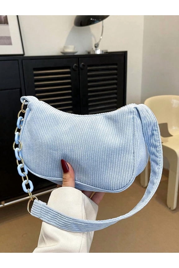Blue Corduroy Saddle Shoulder Bag With Chain Strap