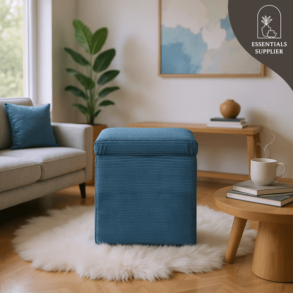 Blue Corduroy Storage Ottoman with Hidden Compartment  16.5 Cube Seat