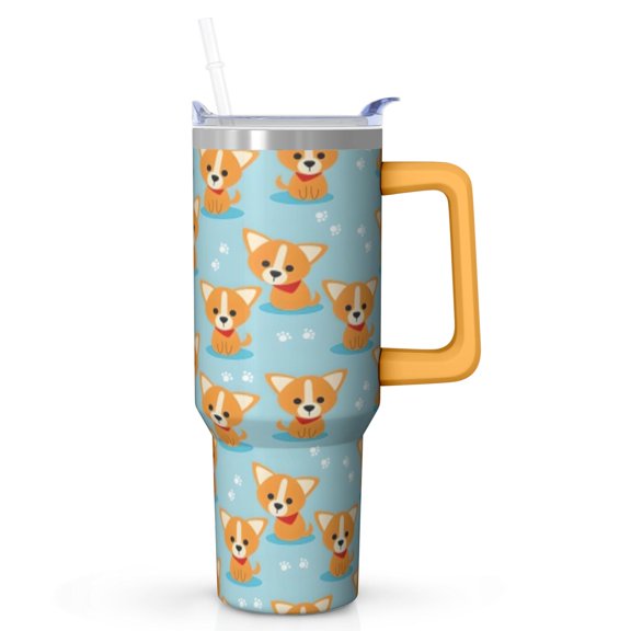 Blue Corgi Pattern 40 oz Tumbler with Handle and Straw, Insulated Stainless Steel Travel Mug for Dog Lovers, Cute Animal Cup for Coffee and Cold Drinks
