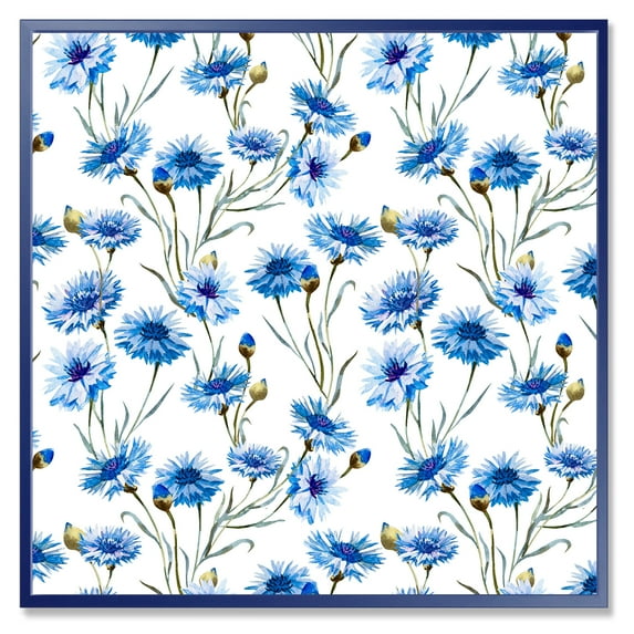 Blue Cornflowers With Green Leaves On White II 16 in x 16 in Framed Painting Canvas Art Print, by Designart