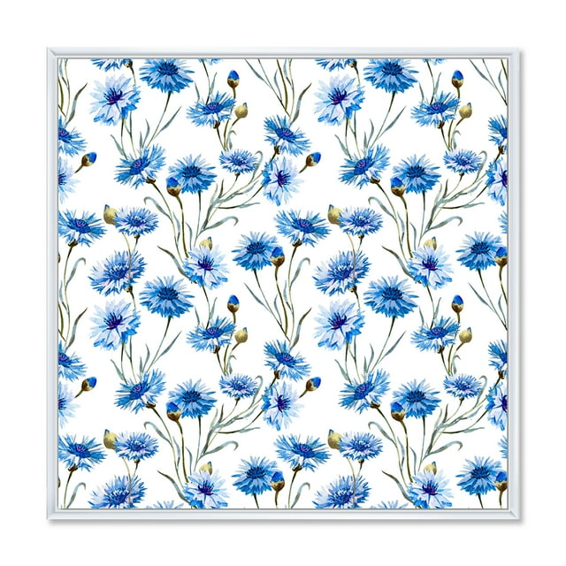 Blue Cornflowers With Green Leaves On White II 30 in x 30 in Framed Painting Canvas Art Print, by Designart