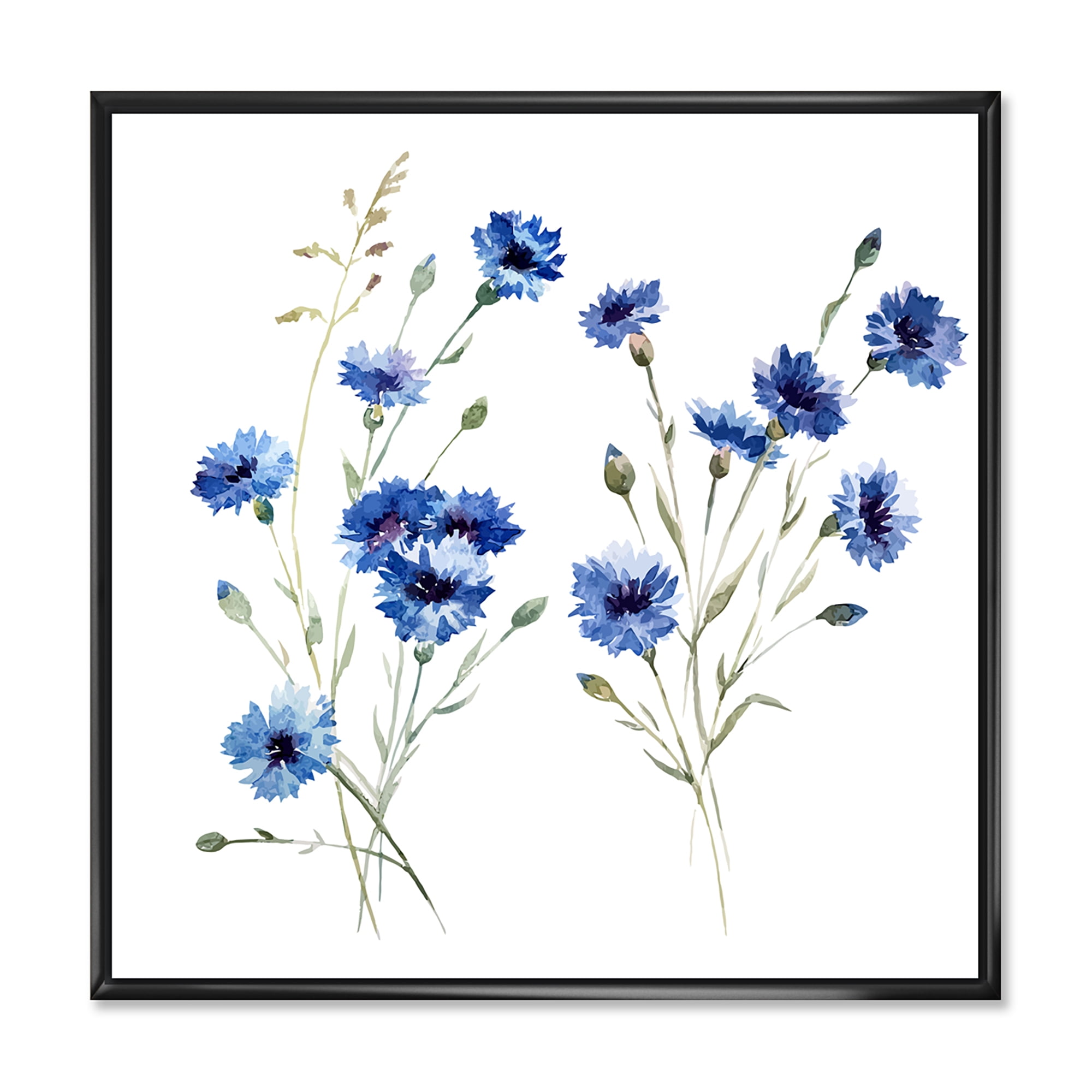 Blue Cornflowers With Green Leaves On White III 30 in x 30 in Framed Painting Canvas Art Print, by Designart