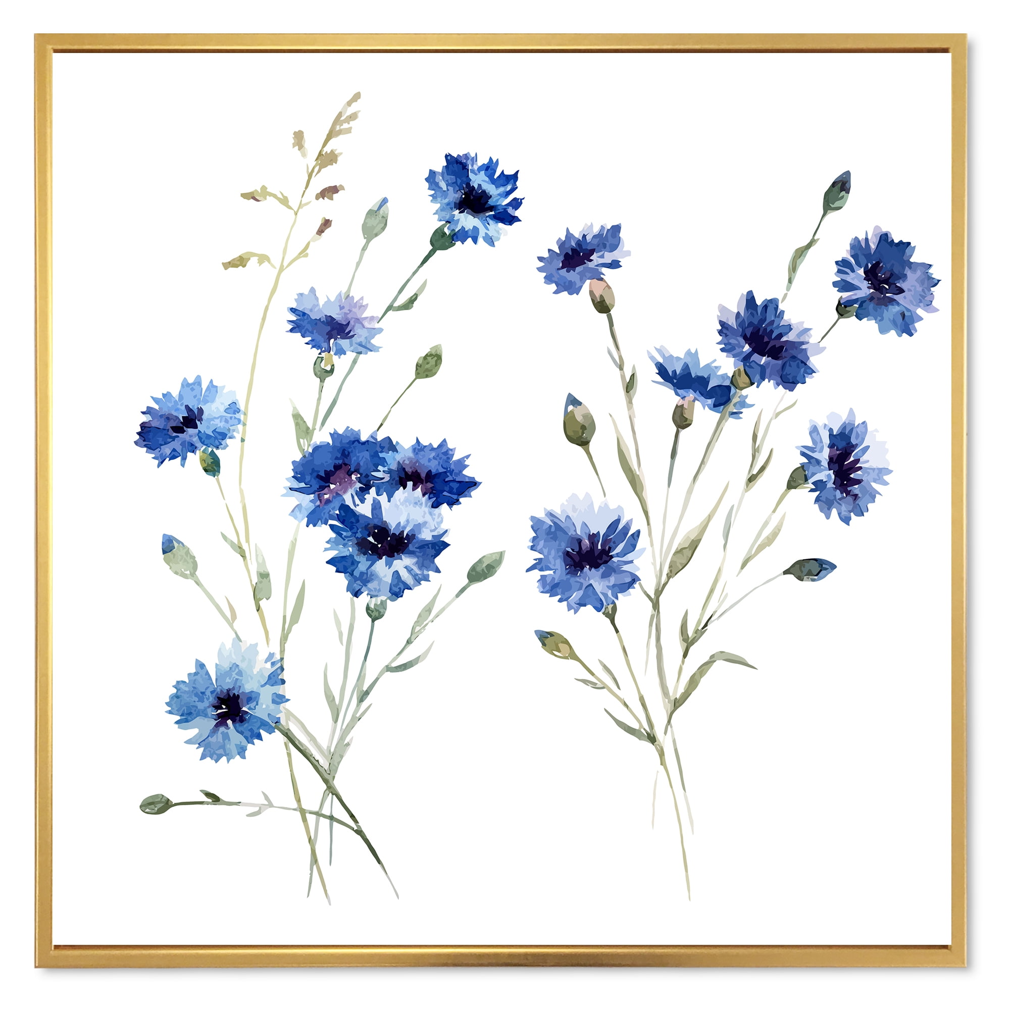 Blue Cornflowers With Green Leaves On White III 36 in x 36 in Framed Painting Canvas Art Print, by Designart