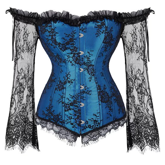 Blue Corset Tops for Women with Sleeves Bustier Princess Lace Floral Costumes Renaissance Cosplay Halloween L