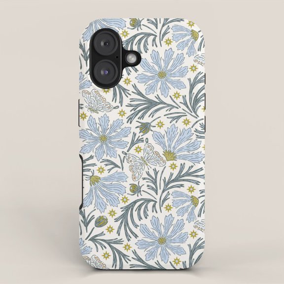 Blue Cosmos Flower and Butterfly Tough iPhone Case, Polycarbonate and TPU, Botanical Star Pattern