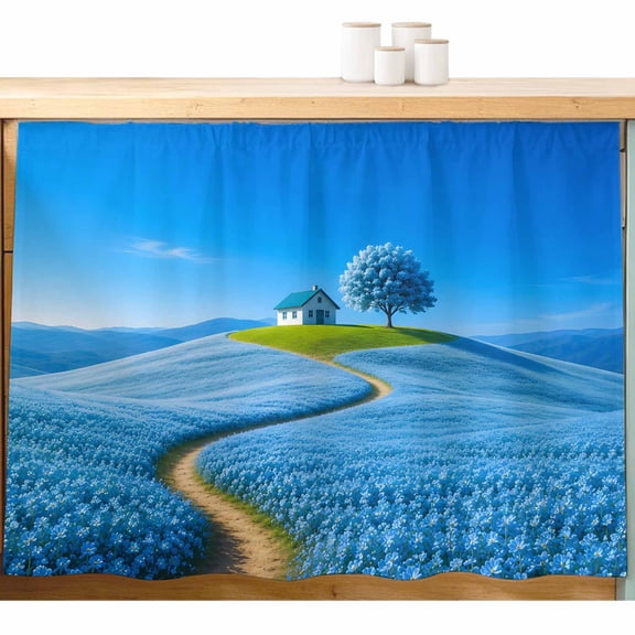 Blue Cottage Cabinet Curtains 11" W x 13" L, Blue Tree Blue Field Path Landscape Nature Under-Desk Privacy Dust Proof Drape Dishwasher Curtain Sink Skirt for Kitchen Closet Bathroom Laundry