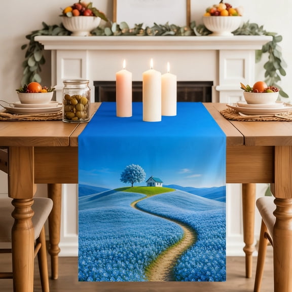 Blue Cottage Dining Table Runner, Blue Tree Blue Field Path Landscape Nature Washable Table Runners Kitchen Coffee Table Center Decor for Home Party Holiday Wedding 13 x 90 Inches