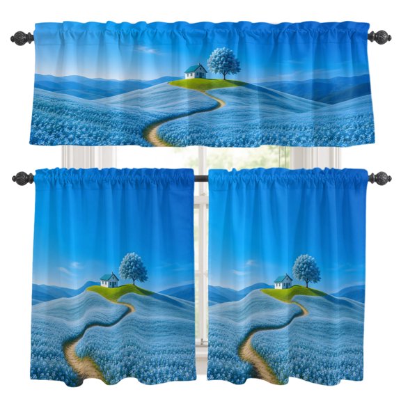Blue Cottage Kitchen Curtains Valances 3 Piece Set, Blue Tree Blue Field Path Landscape Nature Rod Pocket Tier Curtain and Valance Drapes for Small Window 36 Inch Length for Bedroom Cafe