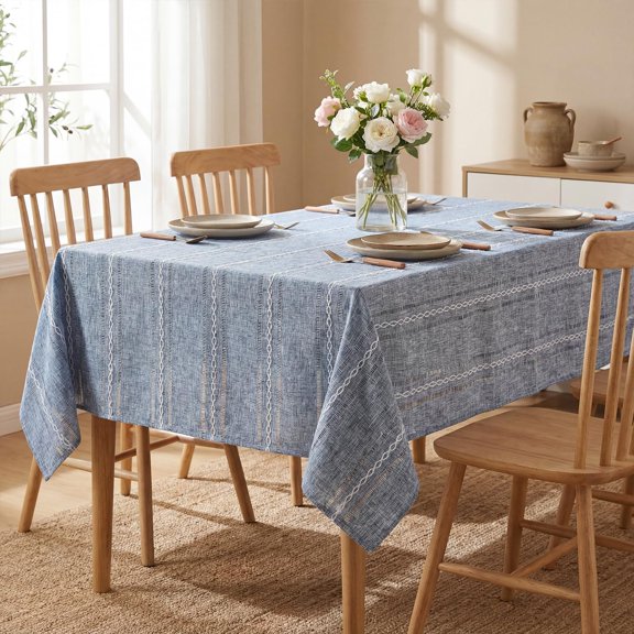 Blue Cotton Blend Tablecloth 6084 Inch Rectangular, Farmhouse Style, Wrinkle Resistant Washable Table Cloth, Hemstitched Embroidery Table Cover for Home