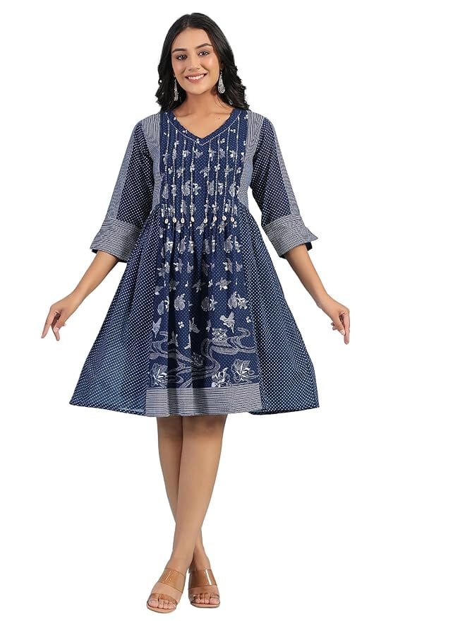 Juniper Blue Cotton Ethnic Motif Printed A-Line Dress Juniper Blue Cotton Ethnic Motif Printed A-Line Dress
