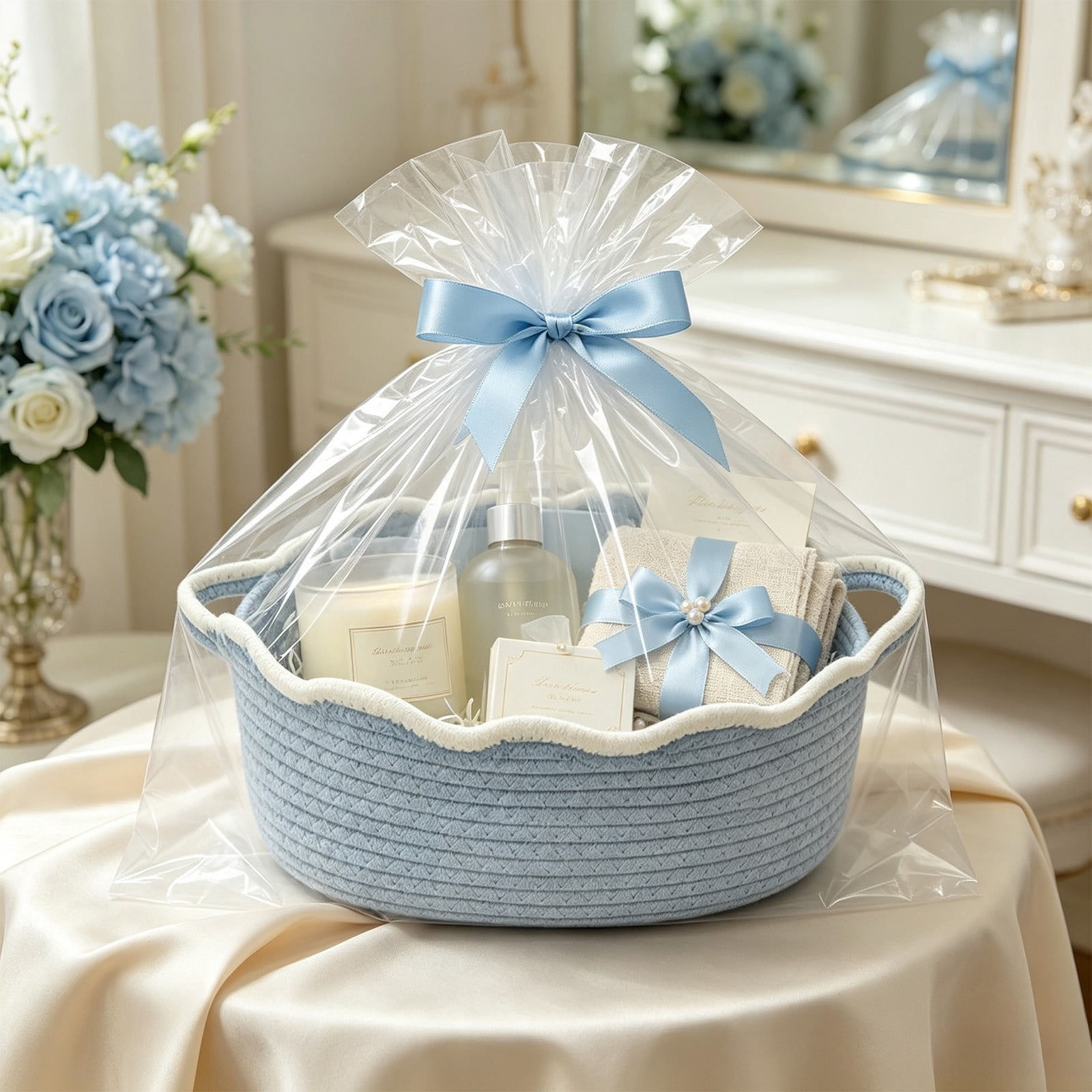 Blue Cotton Rope Woven Storage Basket with Wave Rim Handles for Toy ...