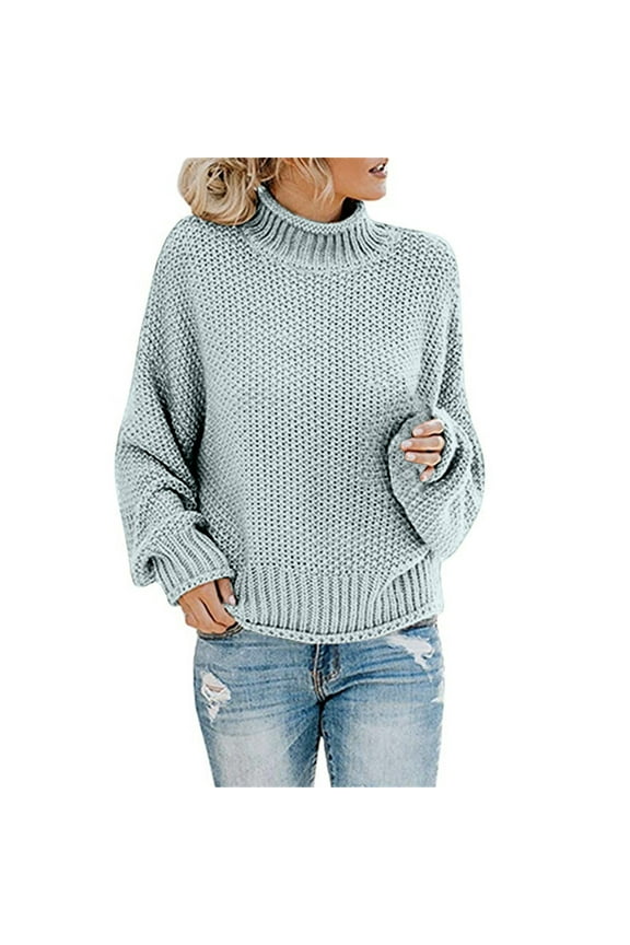 Blue Cotton Tops Turtleneck Big & Tall Women's Pullover Sweater, Women's Knitted Sweater Women's Clothing Thick Thread High Neck Pullover Sweater Women