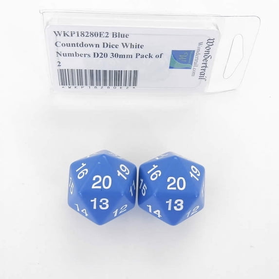 Blue Countdown Dice with White Numbers D20 30mm (1.18in) Pack of 2 Wondertrail