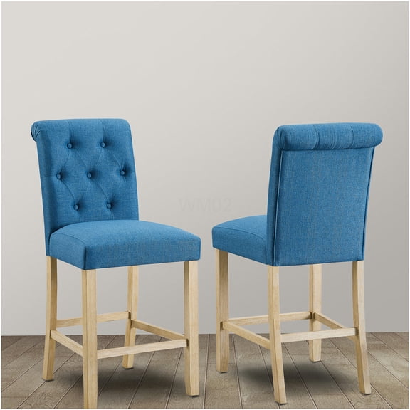 Blue Counter Height Button Tufted Stools, Set of 2, Solid Wood Frame, Polyester Blend Upholstery for Kitchen Island and Dining