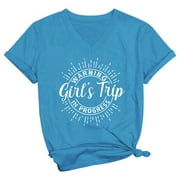 HUNPTA Blue Country Concert Tops, Short Sleeve Womens Shirts Dressy Casual, Polyester Womens Flowy Tops, Girls Trip Cheaper Than 2024 Letter Printed V Neck T Shirt