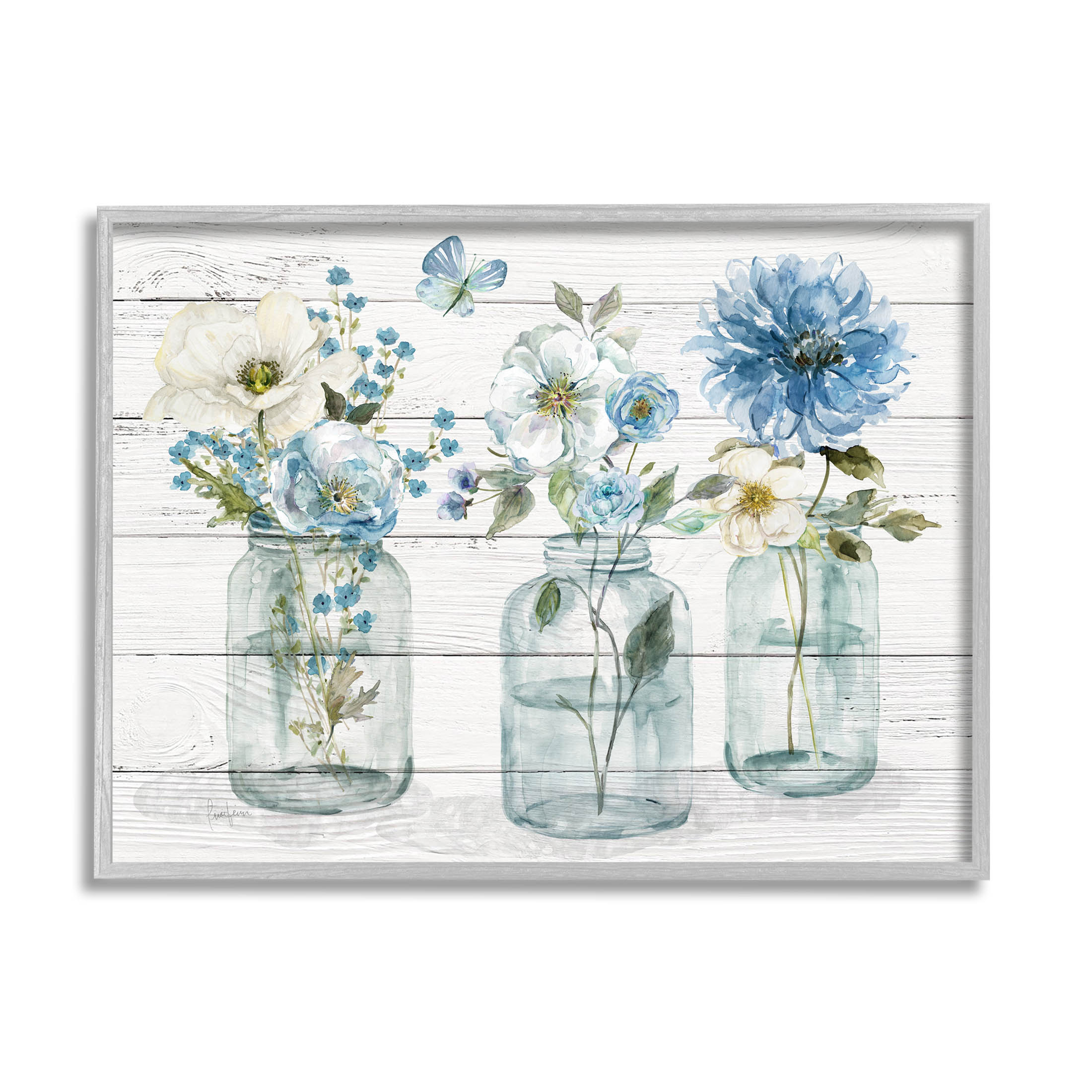 Blue Country Jar Bouquets Botanical & Floral Graphic Art Gray Framed Art Print Wall Art
