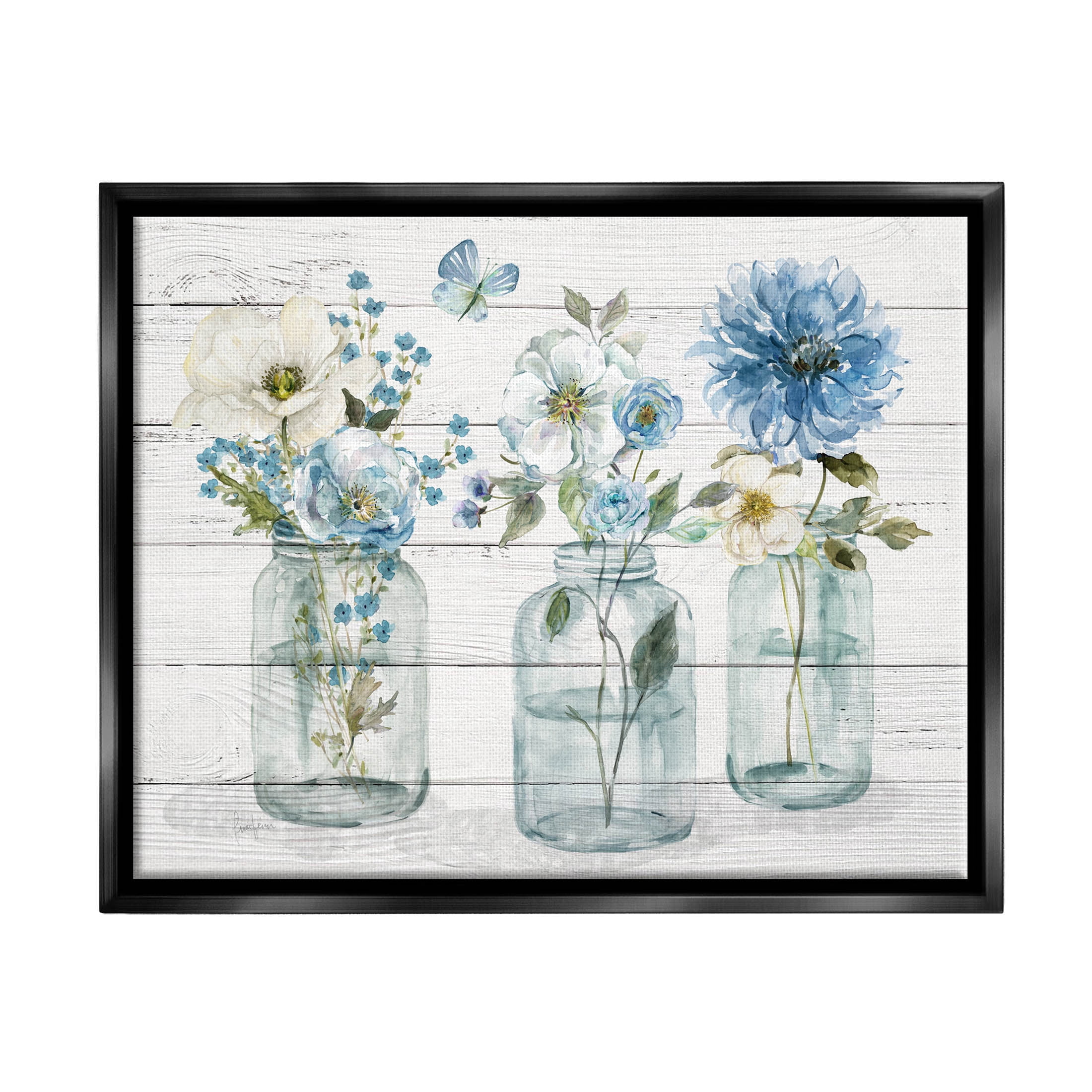 Blue Country Jar Bouquets Botanical & Floral Graphic Art Jet Black Framed Art Print Wall Art