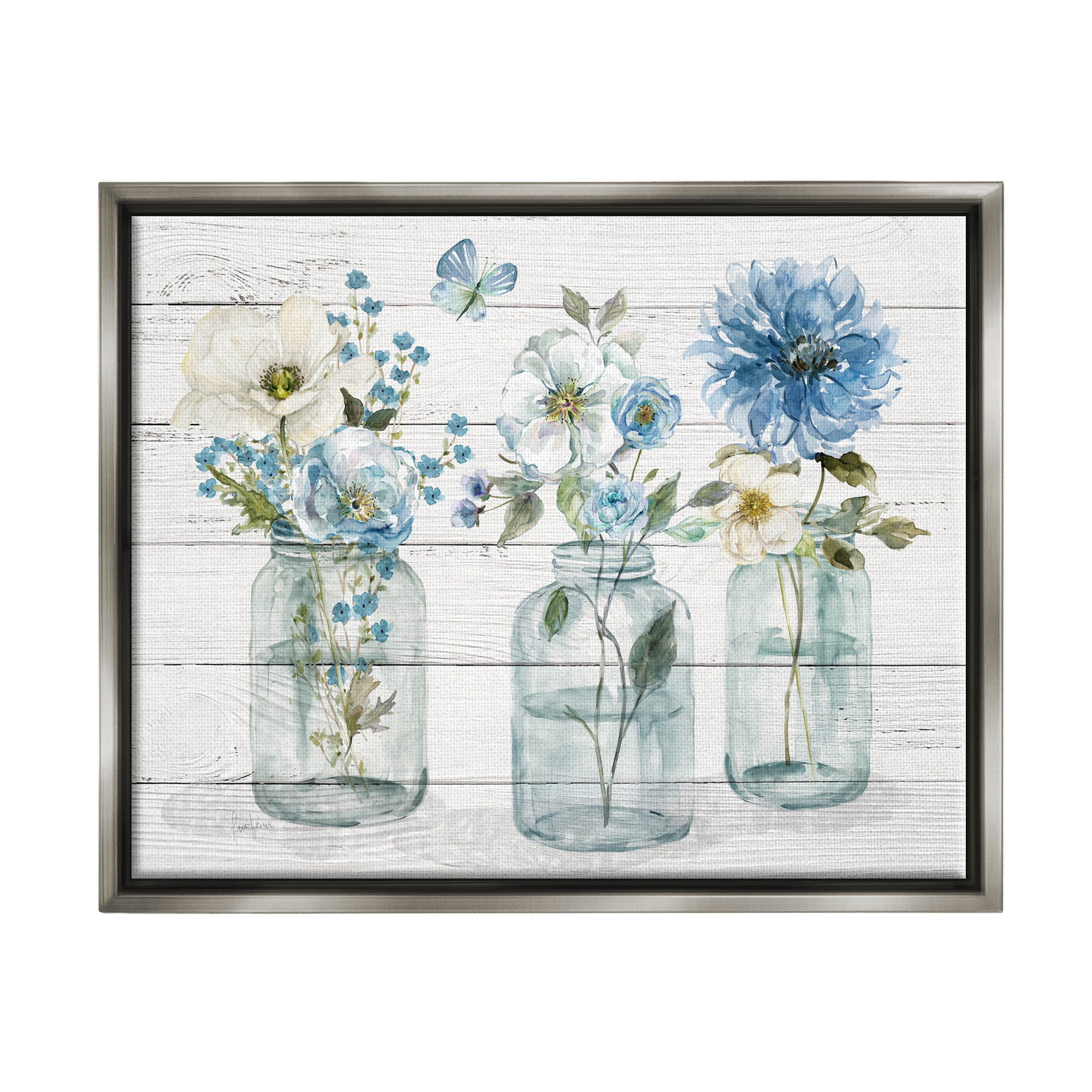Blue Country Jar Bouquets Botanical & Floral Graphic Art Luster Gray Framed Art Print Wall Art