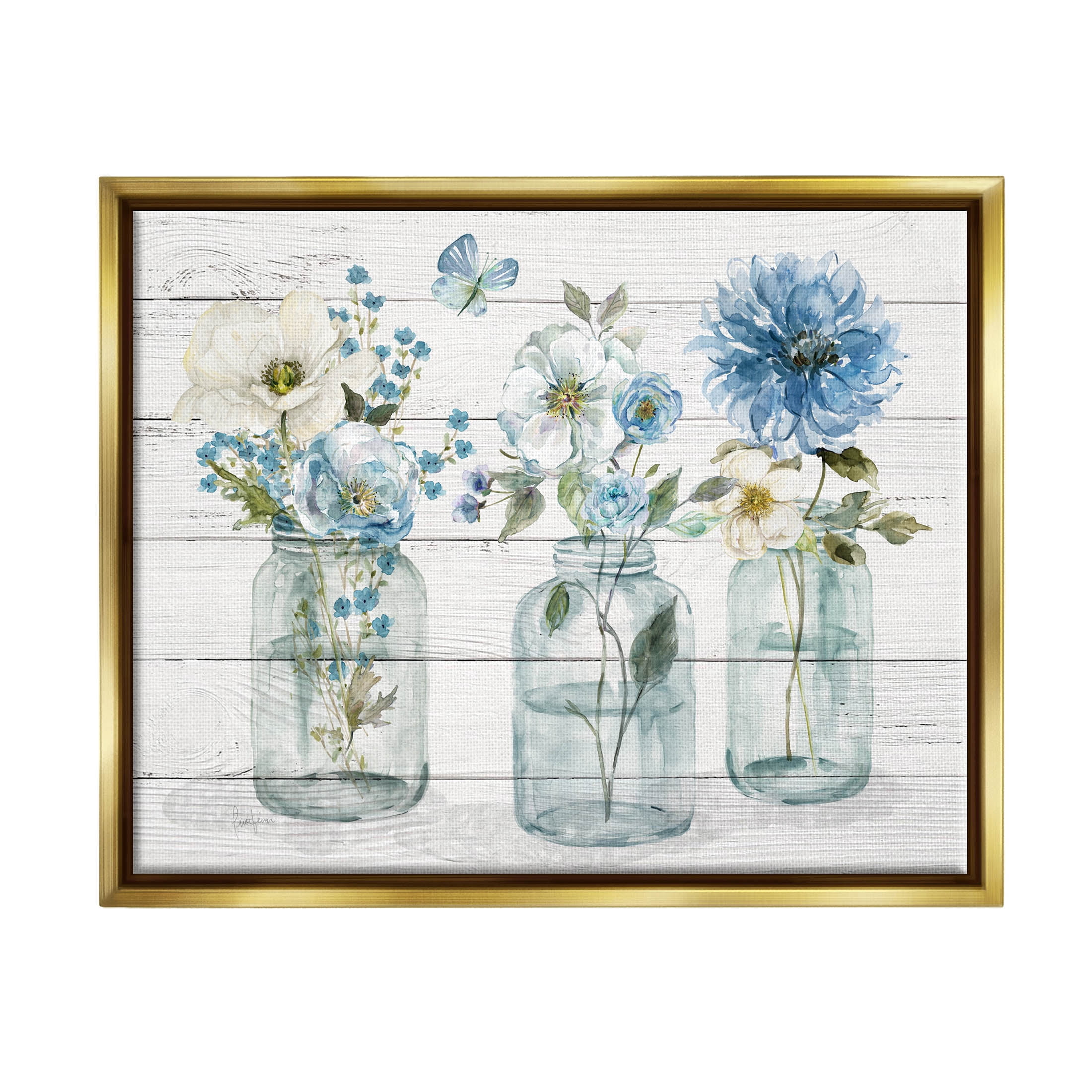 Blue Country Jar Bouquets Botanical & Floral Graphic Art Metallic Gold Framed Art Print Wall Art