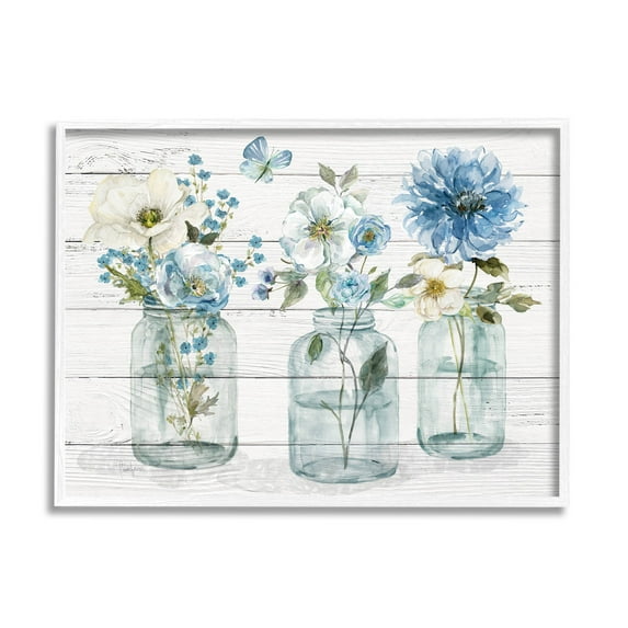 Blue Country Jar Bouquets Botanical & Floral Graphic Art White Framed Art Print Wall Art