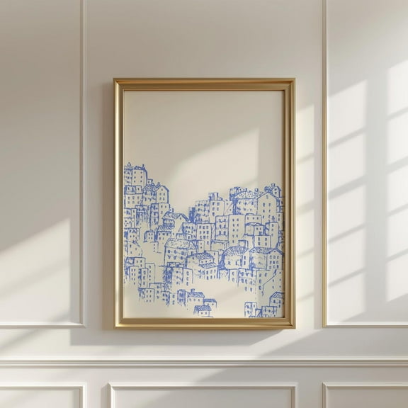 Blue Countryside Greek Art Print, Trendy Decor, Blue Thin Line Wall Art, Modern Wall Decor For Living Room, 8x12 UNFRAMED