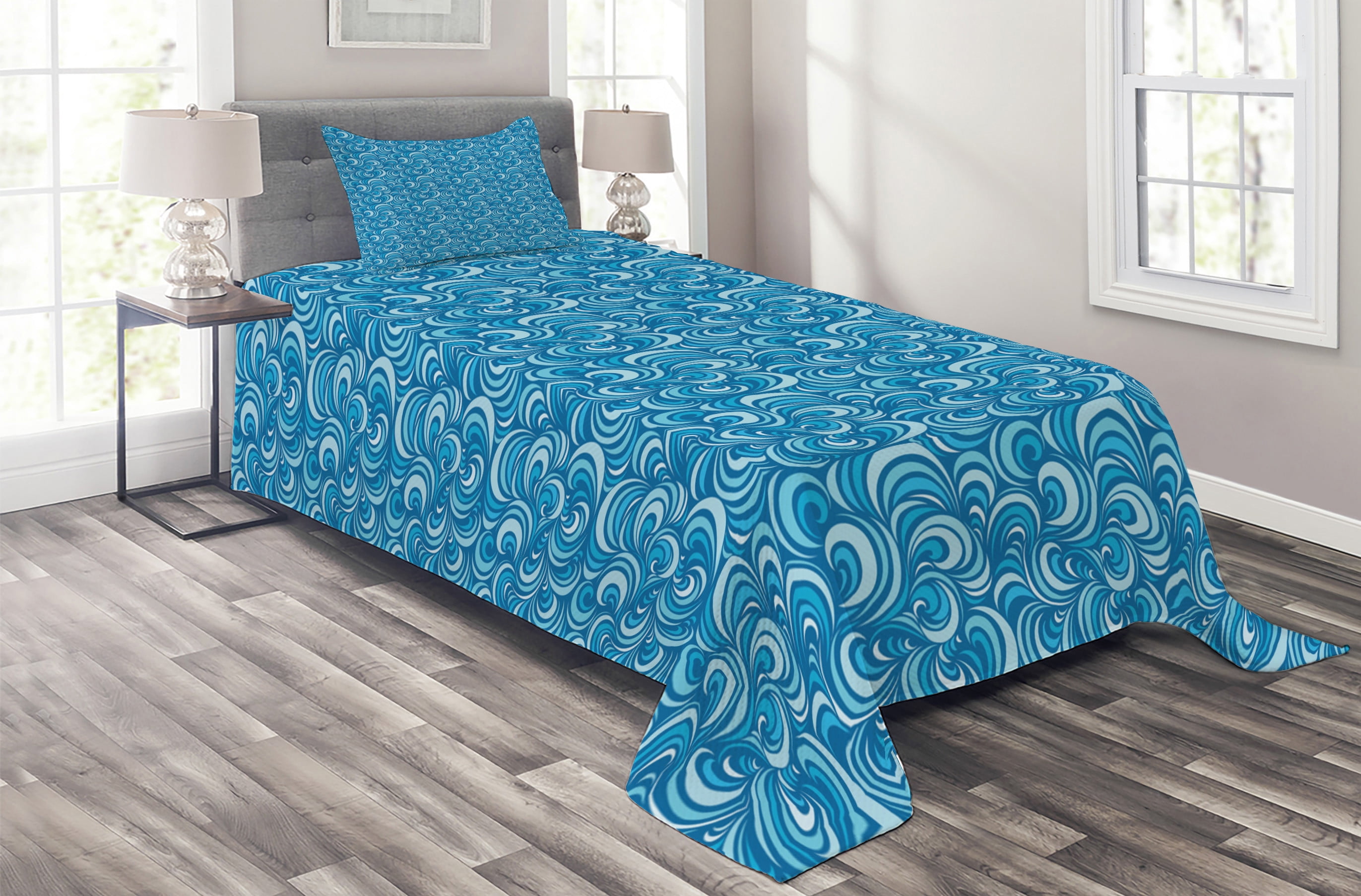 Blue Coverlet Marine Waves Pattern Abstract Curly Forms Spirals Sea