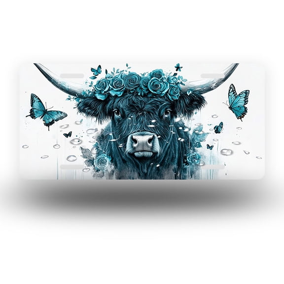 Blue Cow with Rose Crown and Butterflies Front License Plate,Metal License Plate,Funny Standard Plates Personalized Novelty Decorative For Men/Women/Boys/Girls Car 6×12 Inch