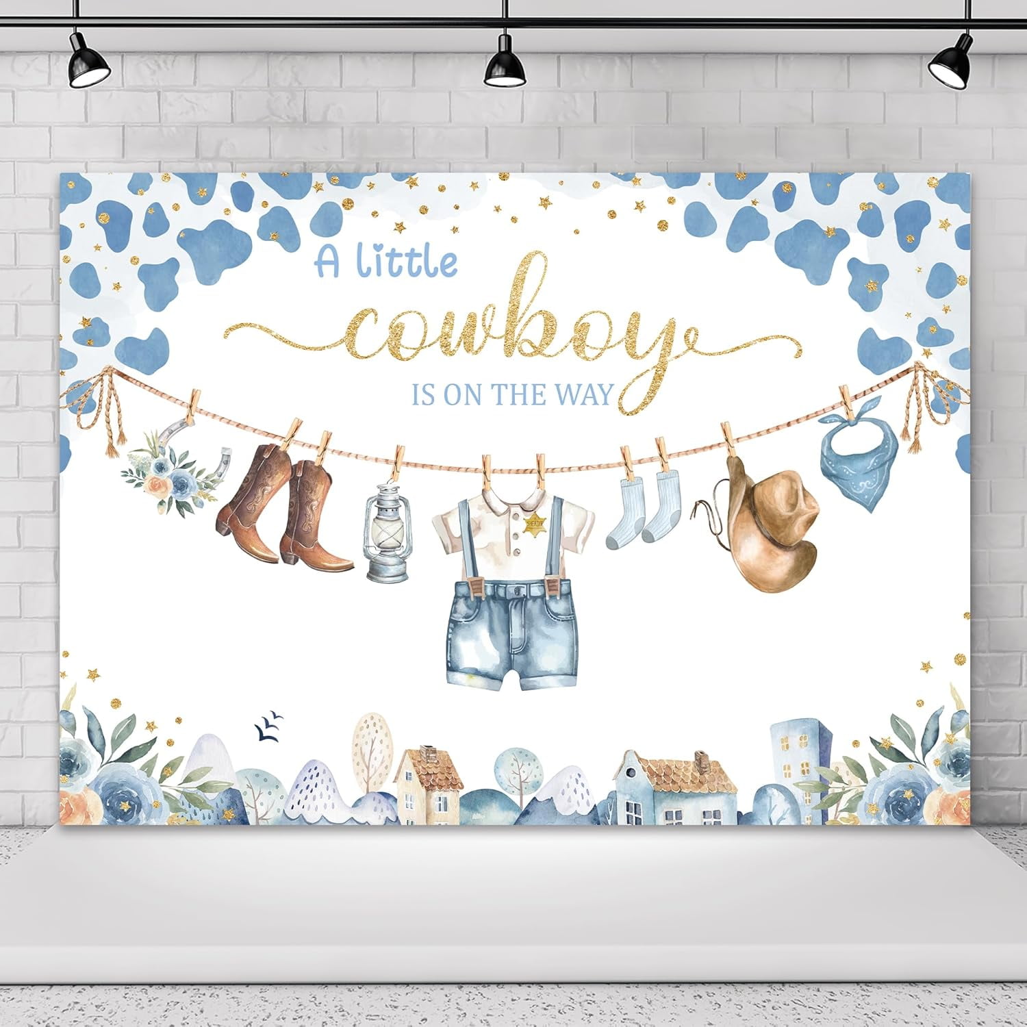 Blue Cowboy Baby Shower Backdrop for Photography Western Boys Cartoon ...